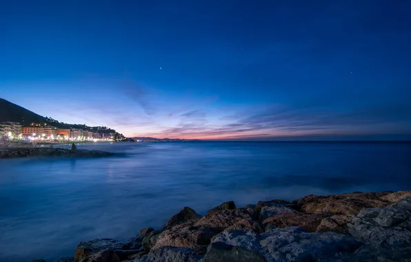 Sea, sunset, the city, coast, the evening, twilight