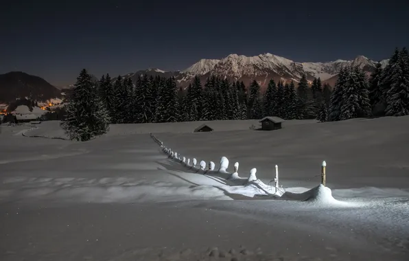Snow, mountains, night