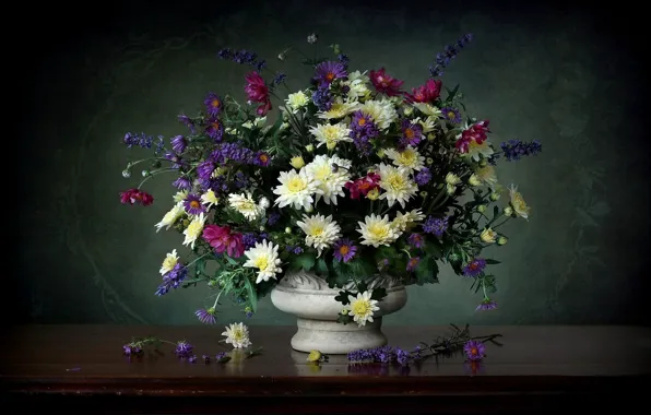 Picture background, bouquet, vase, chrysanthemum, lavender