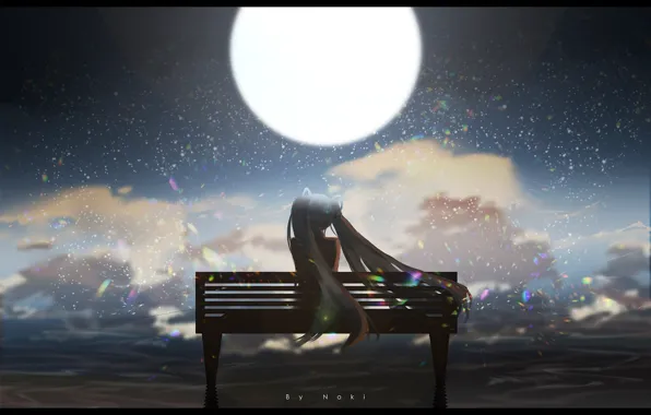 Sea, girl, night, the moon, Vocaloid, Hatsune Miku