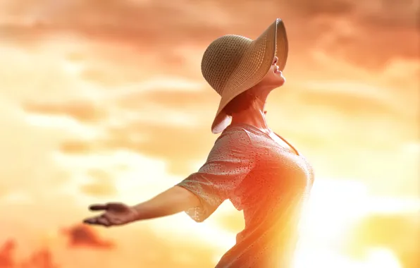 Hat, woman, sunset, freedom