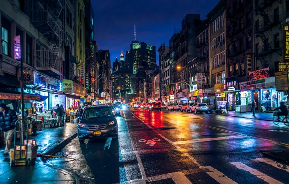 Picture night, lights, movement, street, the building, New York, Manhattan, New-York