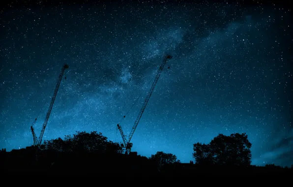 Space, stars, trees, silhouette, The Milky Way, cranes