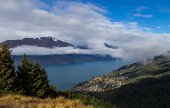 The sky, clouds, trees, mountains, lake, valley, town, the village