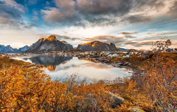 Autumn, the sky, clouds, landscape, mountains, nature, reflection, stones