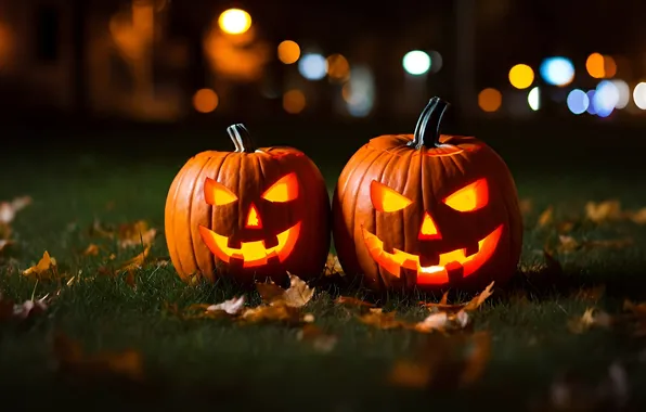 Autumn, grass, lights, the dark background, lawn, holiday, glade, pumpkin