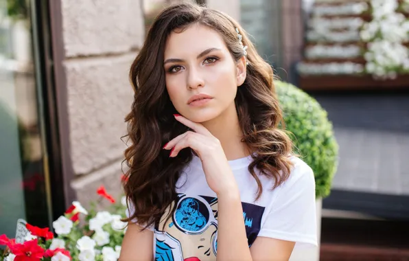 Look, flowers, pose, model, portrait, makeup, hairstyle, brown hair