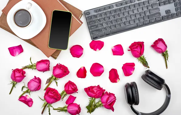 Flowers, table, books, coffee, roses, petals, headphones, Cup