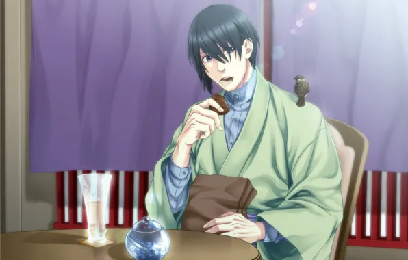 Picture table, Sparrow, sweets, drink, guy, kimono, visual novel, Taishou Mebiusline