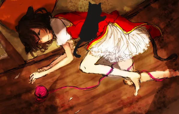 Tangle, sleep, tail, floor, ears, touhou, chen, black kitten