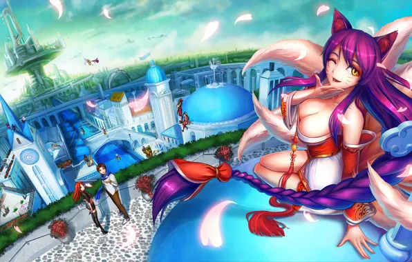 Picture girl, the city, art, ears, characters, league of legends, ahri, chanseven