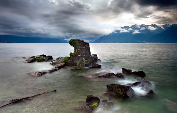 Landscape, night, lake, stones