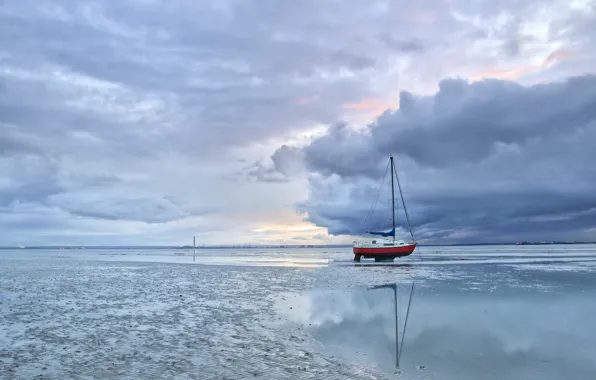 Landscape, boat, stranded, England, Thorpe Bay, Southend-on-Sea