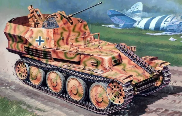 Figure, art, APU, German anti-aircraft self-propelled gun, Cheetah, Sd.Car.140, Flakpanzer 38(t), Panzerkampfwagen 38 for 2 …