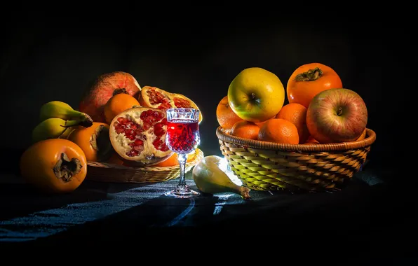 Picture apples, glass, backlight, fruit, bananas, drink, fruit, basket