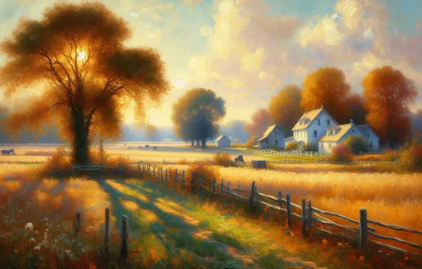 Field, autumn, light, trees, house, home, morning, village