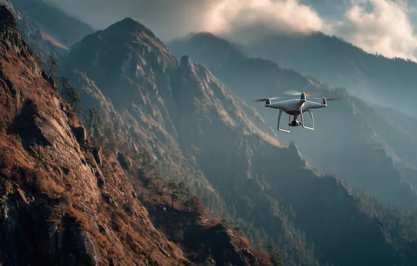 Clouds, flight, mountains, fog, rocks, the slopes, tops, height