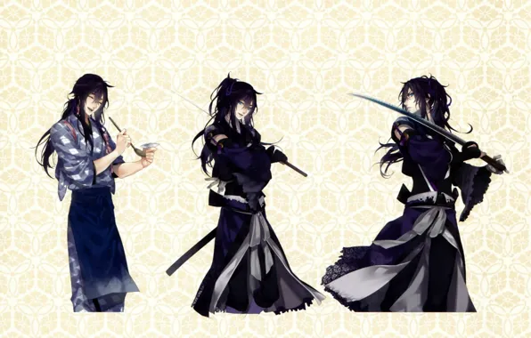 Smile, pattern, katana, spoon, kimono, swordsman, visual novel, ken Kim GA