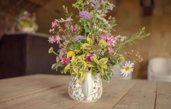 Flowers, vase, bouquet, table, kettle