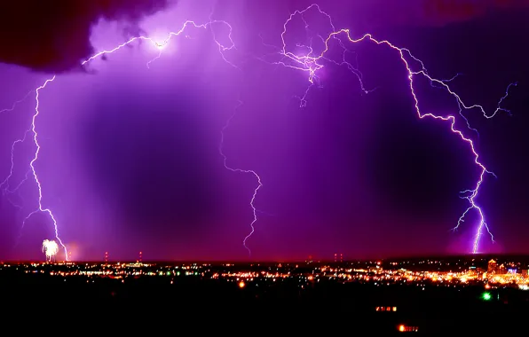 Lightning, night city, lilac sky