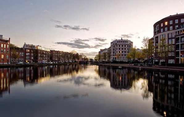The sky, water, the sun, clouds, reflection, river, home, morning