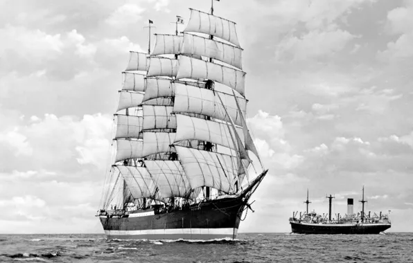 Sailboat, bark, Peking, retro photo