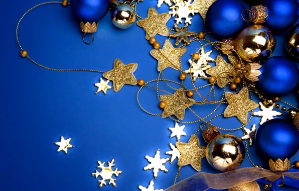 Balls, decoration, snowflakes, background, Blue, stars, Christmas