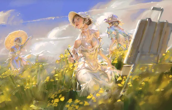 Picture artist, summer day, nature, easel, three girls, umbrella, neckline, white dress