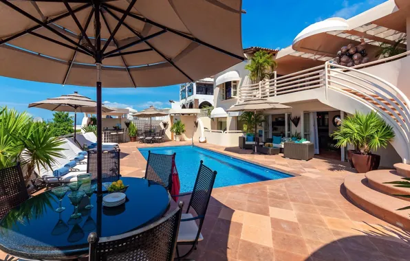 Villa, pool, tables, umbrellas, architecture, terrace