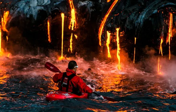 The volcano, the eruption, lava, sport, guy, mountains, fantastic, lava