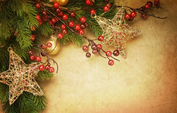 Stars, balls, decoration, holiday, toys, tree, branch, New Year