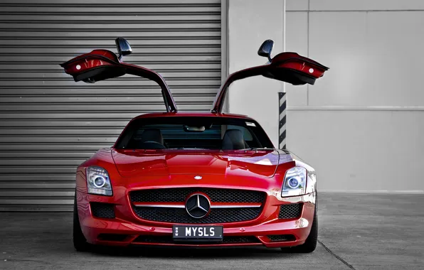 Picture red, red, mercedes benz, the front, sls amg, Mercedes Benz, SLS AMG, open the door
