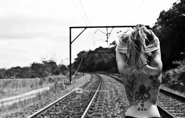 Girl, sexy, passion, rails, b/W, tattoo, undresses, back