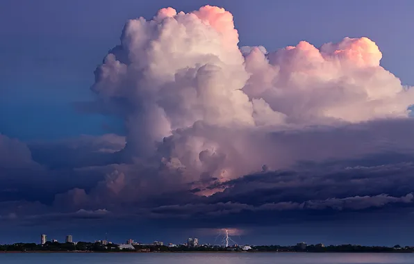 Clouds, the city, river, lightning