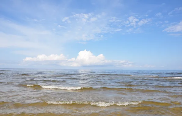 Sea, wave, summer, water, clouds, reflection, horizon, Riga
