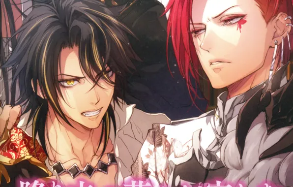 Anger, piercing, characters, yellow eyes, red hair, the Queen of flowers, two guys, visual novel