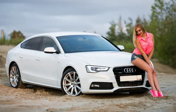 Picture Audi, Girls, beautiful girl, white car, posing on the hood
