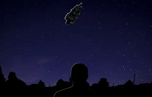 Space, stars, darkness, UFO, sleep, village, silhouette, spaceship