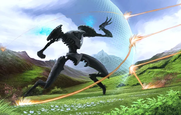 Mountains, rocks, glade, robot, shot, battle, shooting, shit