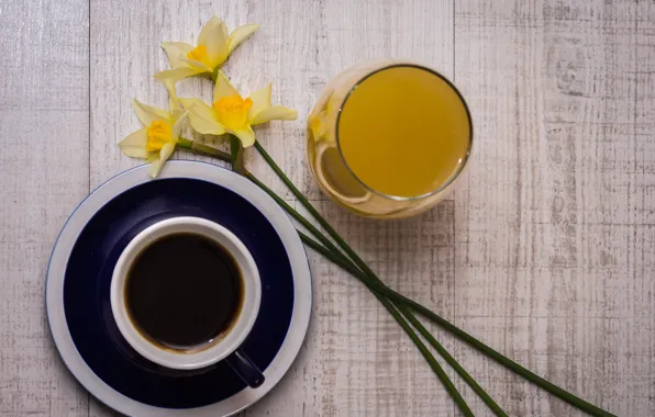 Flowers, coffee, juice, drink, flowers, daffodils, coffee