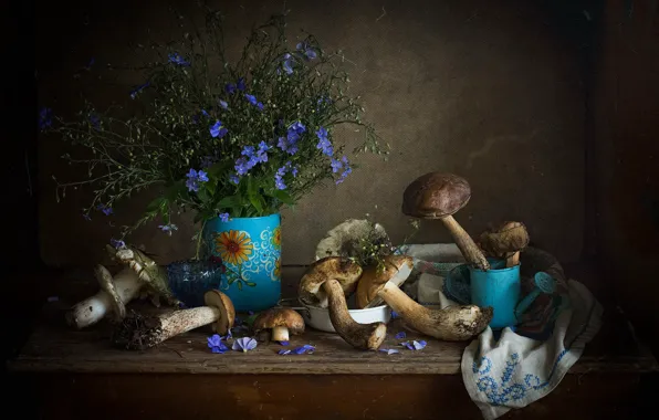 Flowers, table, mushrooms, towel, blue, vase, lake, still life
