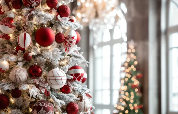 Balls, Christmas, red, New year, tree, white, herringbone, light background