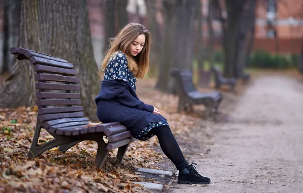 Park, shop, late autumn, thoughtful girl, fallen leaves
