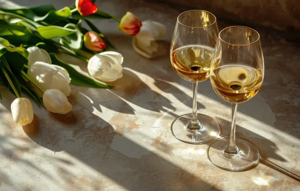 Light, flowers, holiday, wine, bouquet, glasses, tulips, champagne
