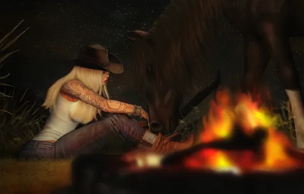 Girl, horse, the evening, the fire