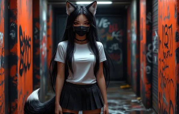 Picture girl, brunette, mask, ai art