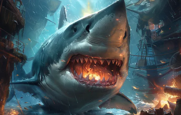 Shark, Teeth, Mouth, Face, Ships, Predator, Underwater world, Digital art