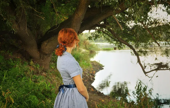 Grass, girl, trees, river, redhead
