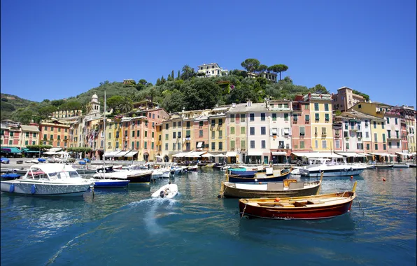 Building, Bay, boats, Italy, boats, promenade, Italia, Portofino