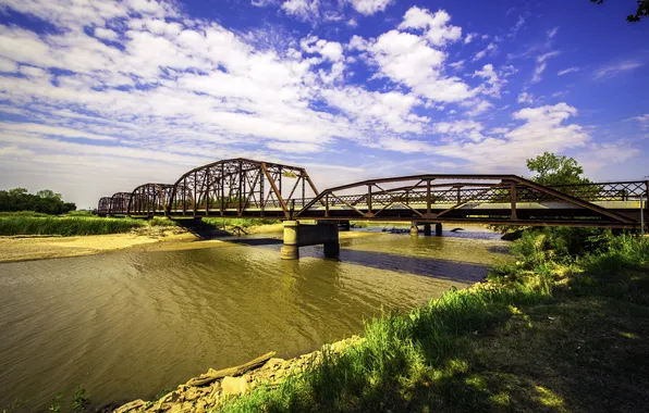 The sky, grass, clouds, bridge, river, stones, shore, HDR